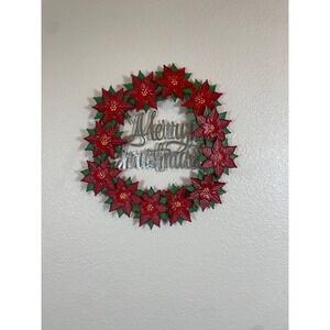Metal Poinsettia Wreath Merry Christmas Wall Decor Red Green Silver